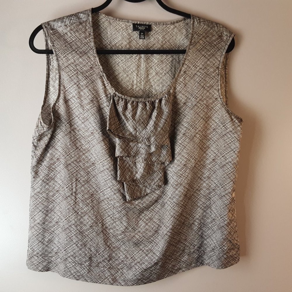Talbot's Petite Cotton Silk Sleeveless Blouse Ruffle | Tan, Black, Brown | 12P